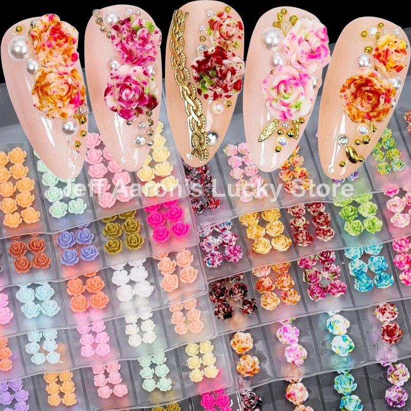 Blandet stil negler harpiks rose blomster cabochons cameo baseinnstilling 6mm 3d turkise rose blomster neglekunst dekorasjon tilbehør