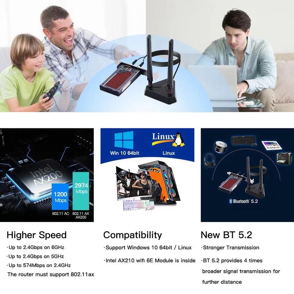 Fenvi Wifi 6e Intel AX210 PCIe Wireless Adapter Bluetooth 5.2 AX210NGW Wi-Fi Network Card 2.4G/5G/6GHz RGB AX200 BT5.1 802.11ax