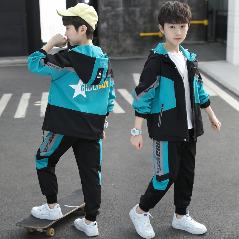 Kinder Kleidung Herbst Anzug Jungen Hoodies und Hosen Winddicht Graben Mantel Leucht Langarm 2 Pcs Set: Himmel Blau / 120cm