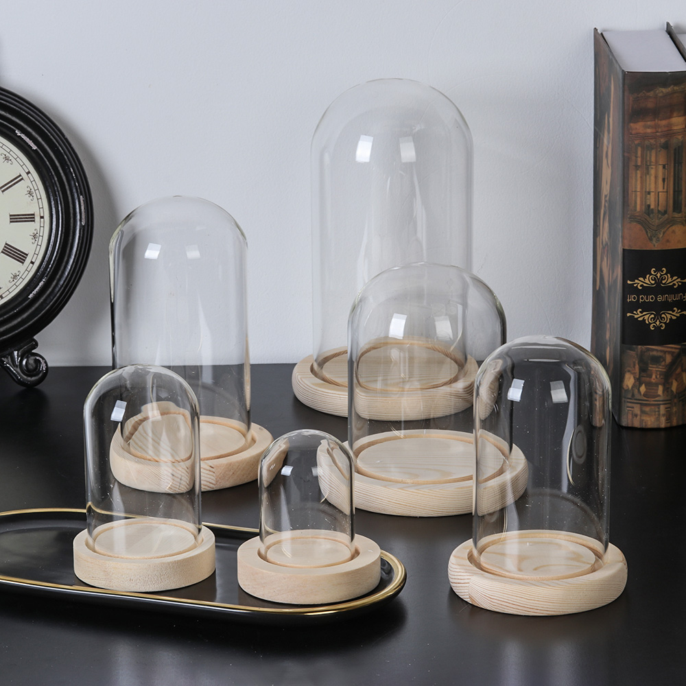 Glas cloche krukke display stand dække terrarium flaske med træ base akryl støv dække display kasse udødelig blomsteræske