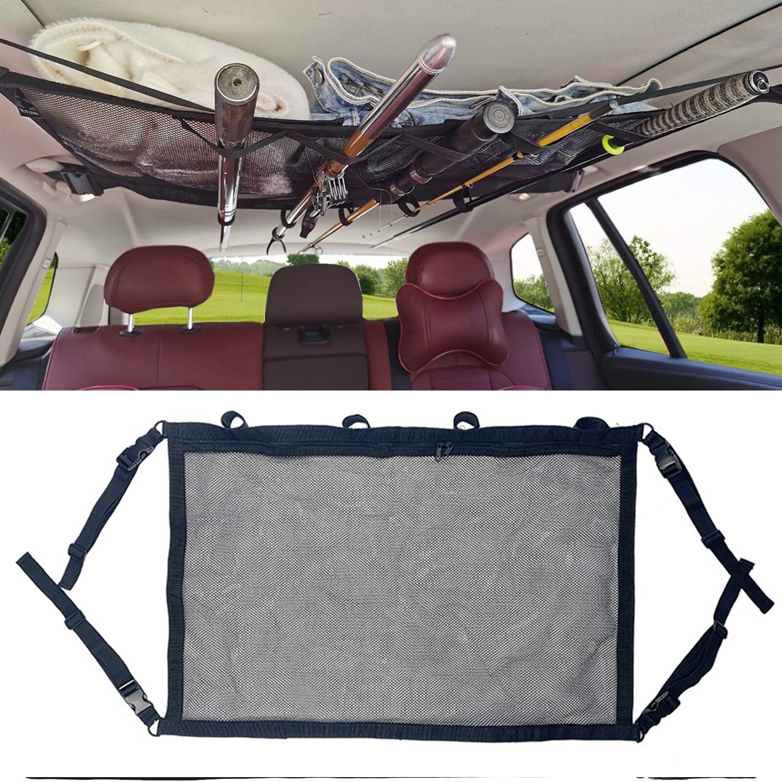Ceiling Storage Mesh With Fishing Rod Holder Car Roof Rack Mesh Storage Rack Suitable For Long-distance Travel And Fishing