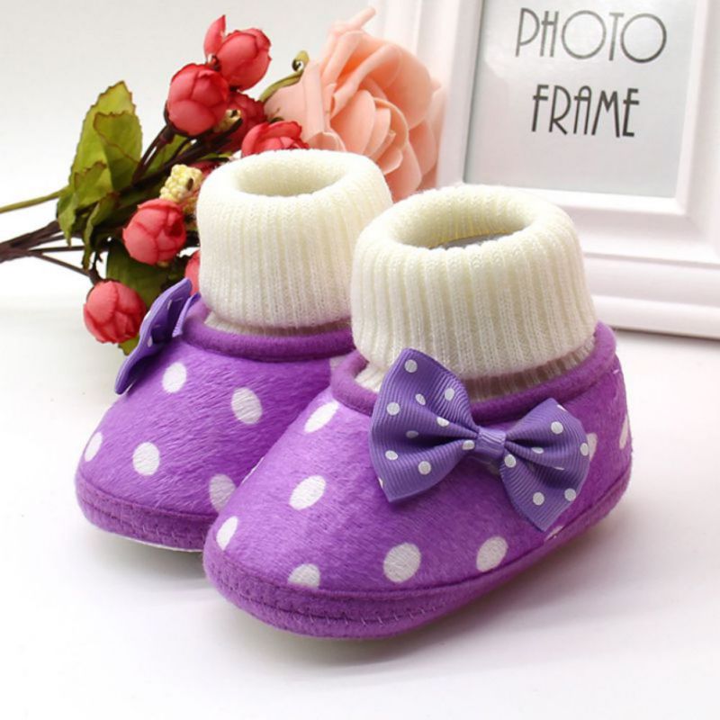 Bebe Wieg Sneeuw Breien Booty Baby Meisje Strik Fleece Snowboots Mocassin Laarsjes Prinses Schoenen: Lavendel / 0-6 months