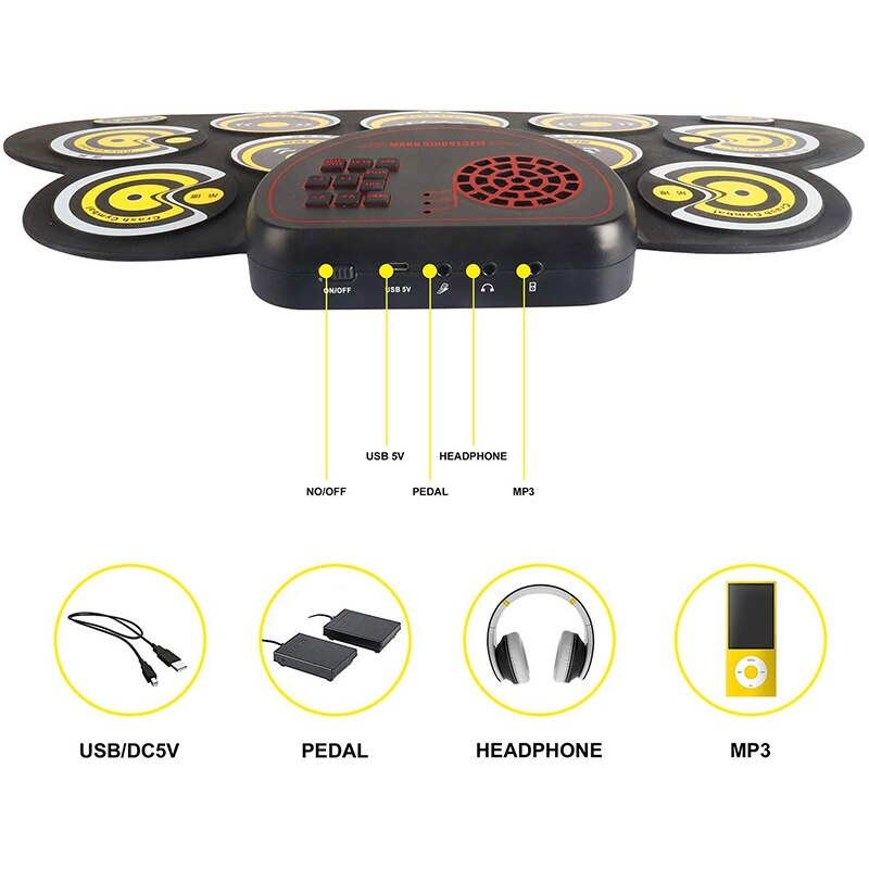 Elektronische Drum Set Draagbare Elektronische Roll Up Praktijk Pad Drum Kit Met Ingebouwde Luidsprekers Voet Pedalen Drumsticks