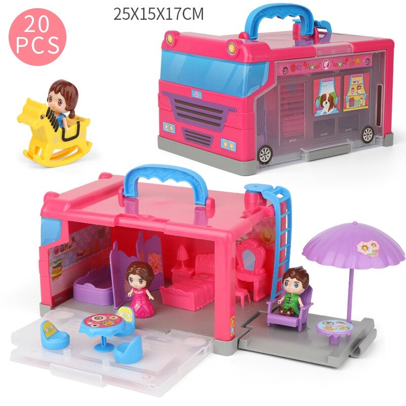 20PCS Kinder Spielen Haus Lagerung Haus Reise Bus Portable Storage Box Mädchen Spielzeug