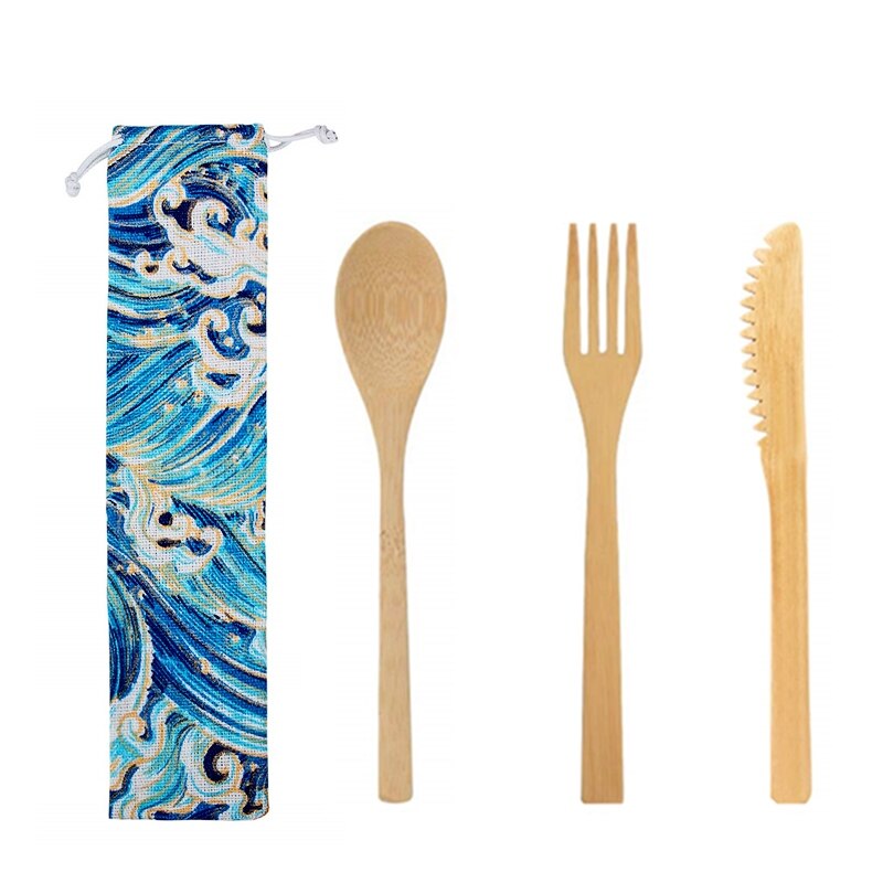 Couverts en bois, réutilisables, couverts de voyage, cuillère fourchette et paille de bambou, ustensiles de table: B2