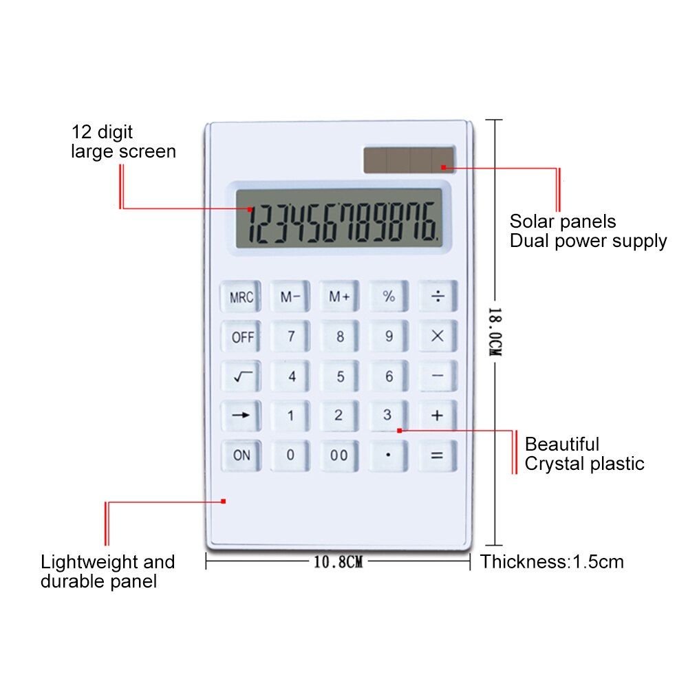 Desktop Calculator Ultra-thin 12 Digits Large Display Solar & Battery Dual Power Crystal Buttons Basic Counter
