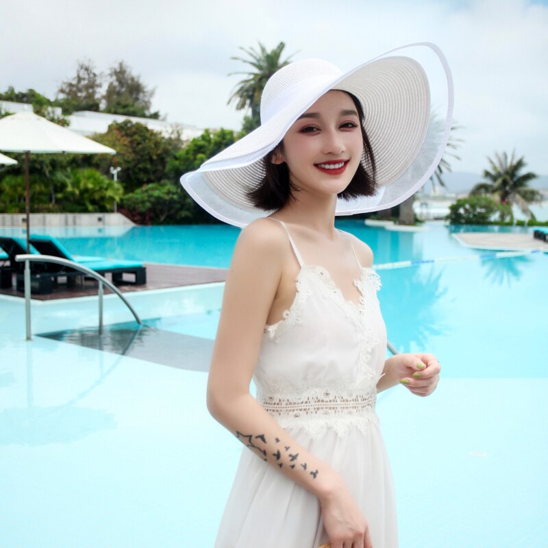 Summer White Big Hat Sun Hat Oversized Brim Sunscreen Floppy Beach Hat Women's Straw Hat Seaside Lace Big Brim Cap: white