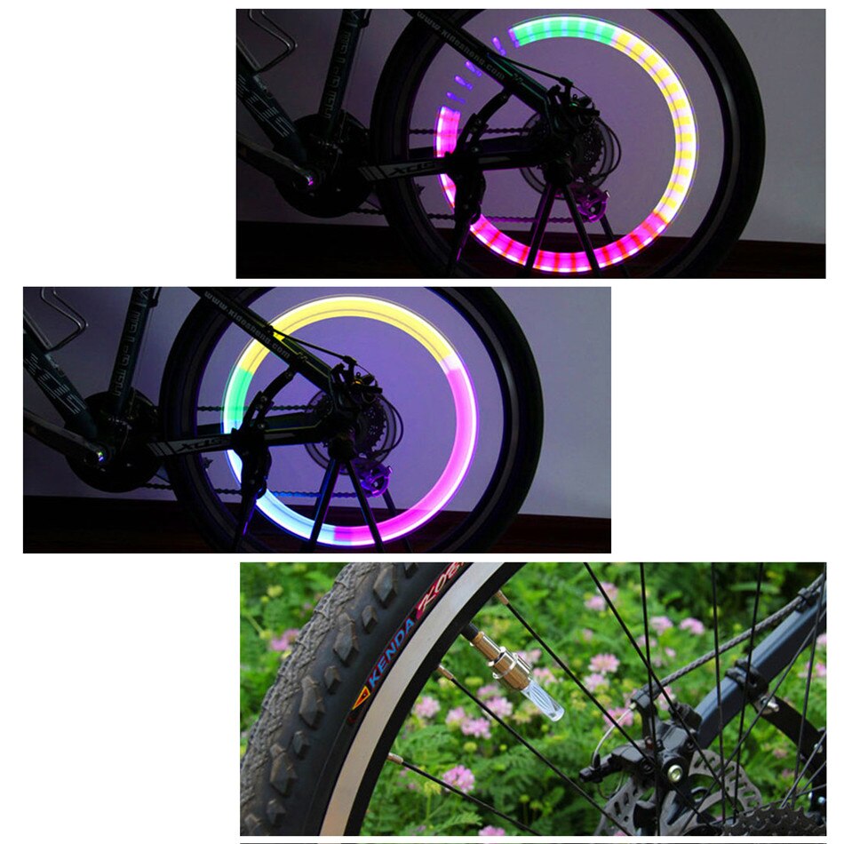 2Pcs Tire Led Tire Valve Cap Fietsen Lantaarn Lamp Regenboog Fiets Ventiel Verlichting Wiel Spaken Fiets Accessoires Wiel licht