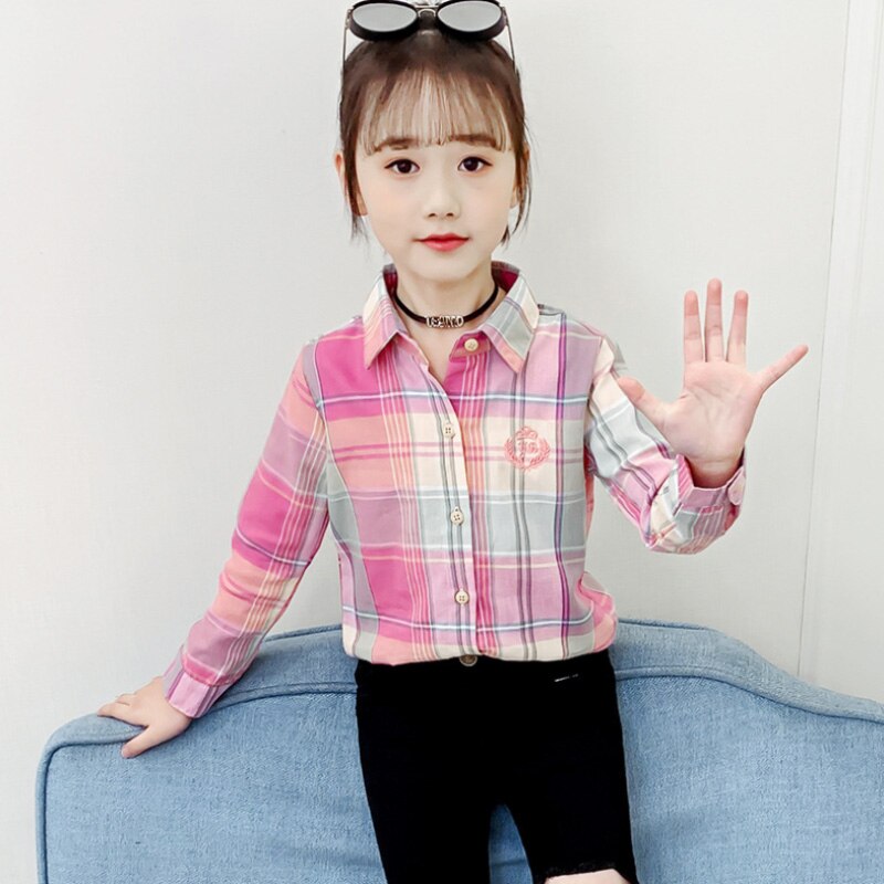 Geruite blouse voor meisjes kinderblouse lange mouw lente casual tiener tops omslagkraag katoenen kindershirts: Roze / 3-4y