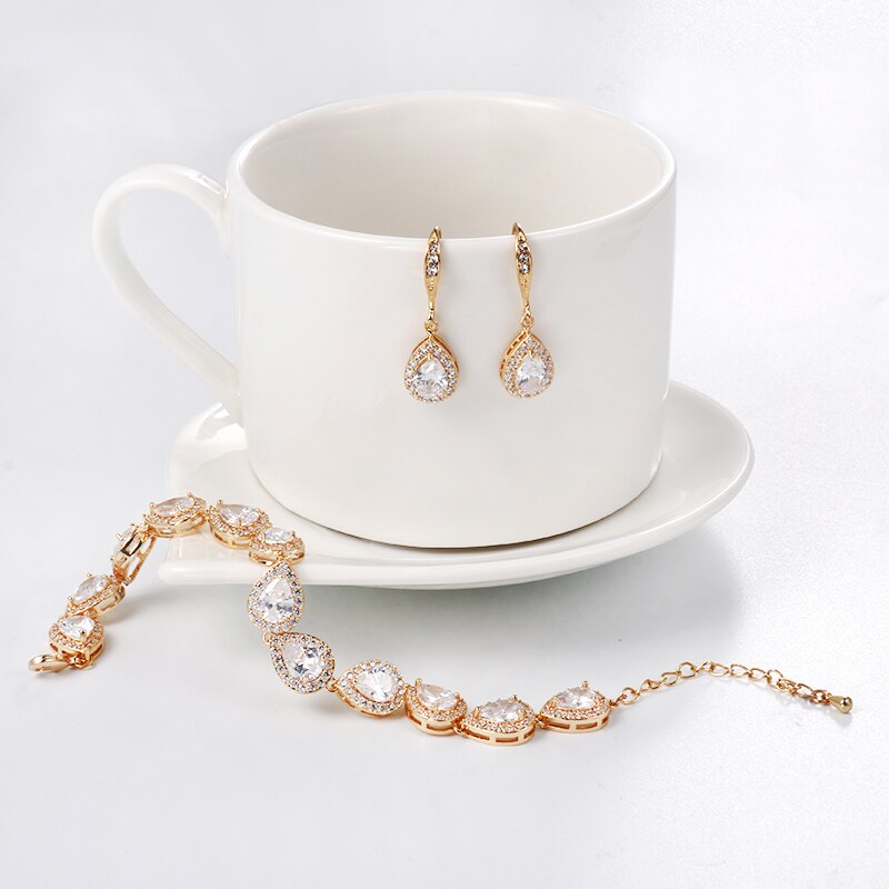 Weimanjingdian Halo Teardrop Zirconia Cz Bruiloft Armband En Oorbel Bruids Sieraden Set Bruidsmeisje Sieraden