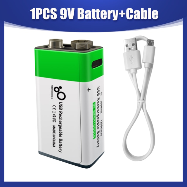 9V 650mAh 6F22 Lithium Rechargeable Battery USB Charging For Toy Remote Control RC KTV Multimeter Microphone Guitar Helicopter: 1PCS Battery Cable