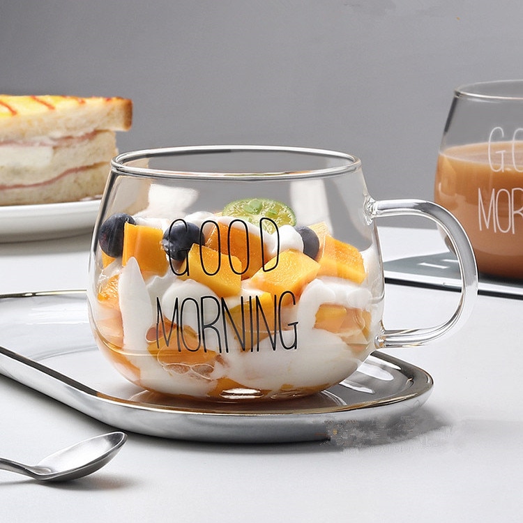 Letter Printed Transparent Glass Coffee Tea Drinks Dessert Breakfast Milk Cup Glass Mugs Handle Drinkware