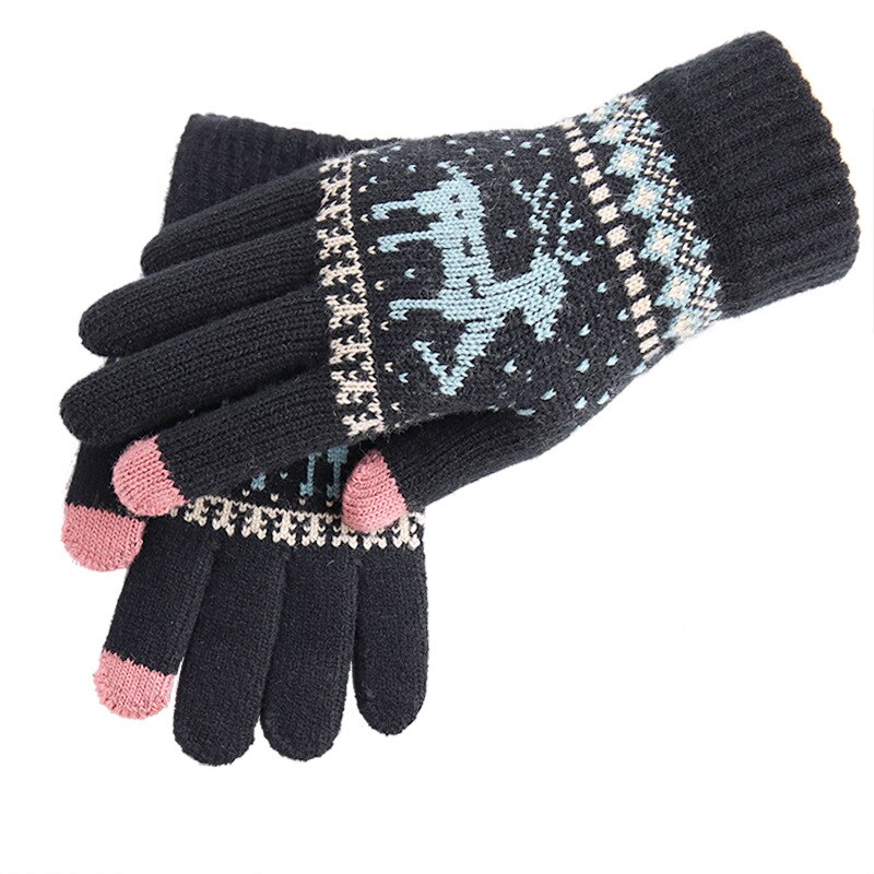 Novo vintage natal veados luvas de malha mulheres engrossar tela sensível ao toque luvas inverno quente neve elk dedo cheio luvas presente natal: black.