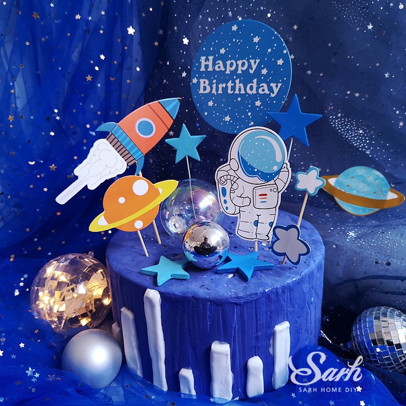 Rakieta astronauta księżyc kartka urodzinowa ozdoba ozdoba na wierzch tortu deser na dzień dziecka piękne prezenty