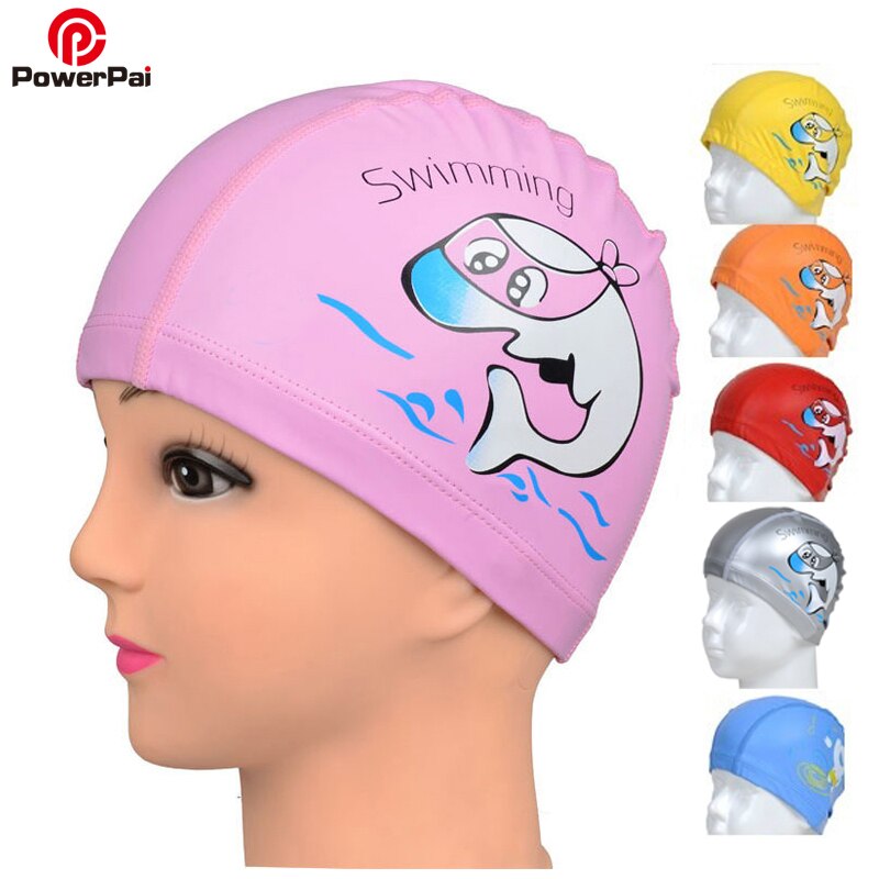 PowerPai Swimming Cap Children Waterproof PU for boys girls Comfortable Dolphine Cat Cartoon Swimming Pool Training Bathing Hood