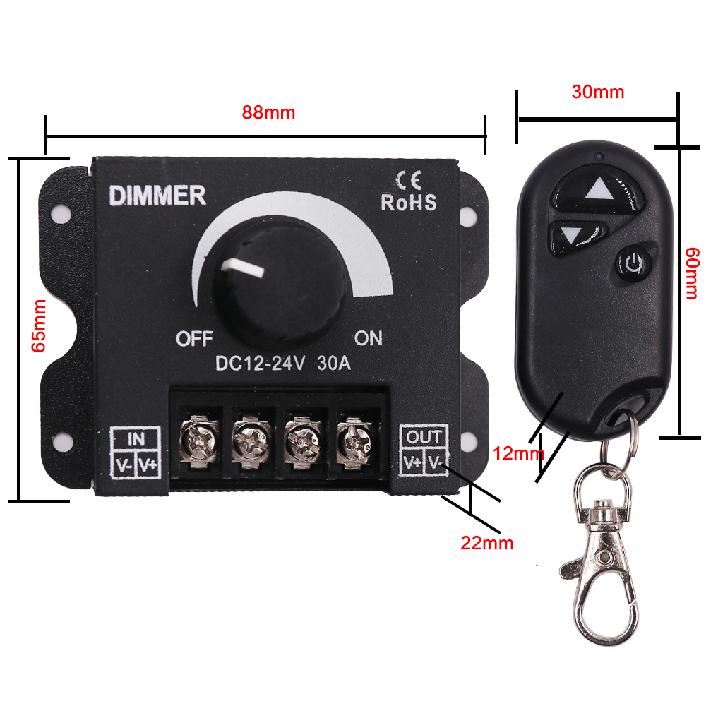 30A LED-Dimmer-Controller DC12-24V für LED-Einfarb-Beleuchtungsschnurstreifen 360 W manuelles Dimmen mit 3-Tasten-RF-Funkfernbedienung