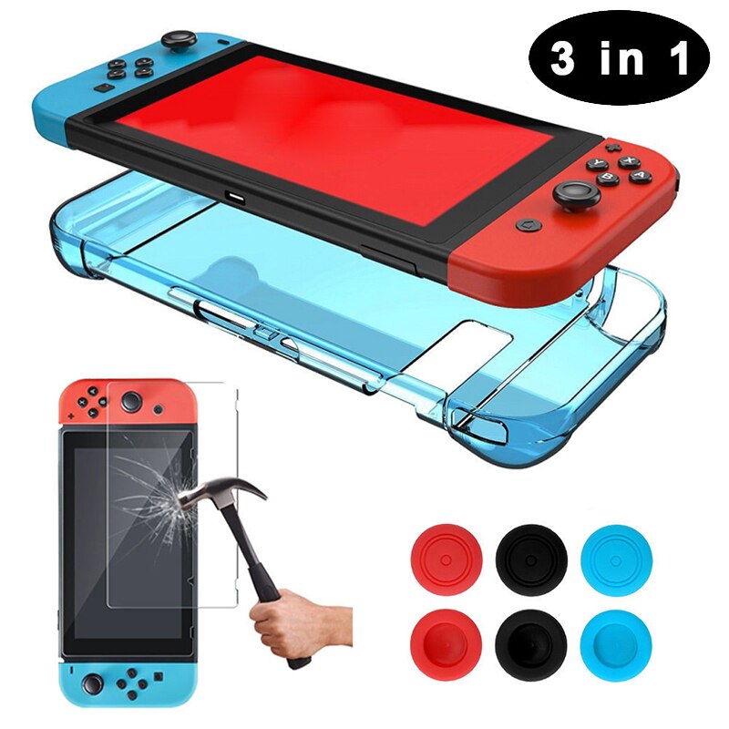 Voor Nintendo Schakelaar Transparant Back Hard Case + Gehard Glas Screen Protector + 6Pcs Duimgrepen Caps: Blue back