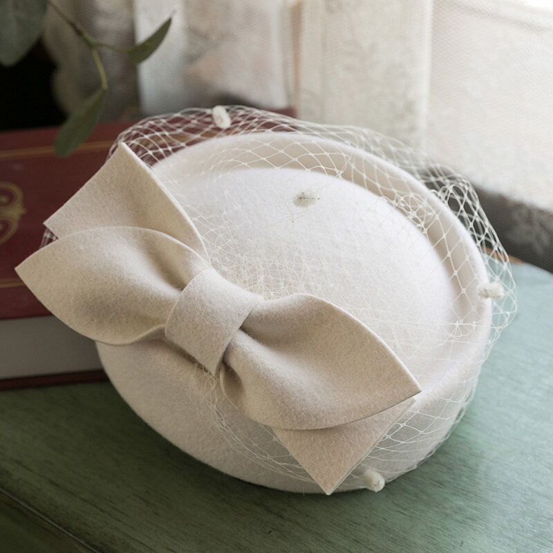 White Green Pure Wool Berets Women Classic Face Veil Mesh Fedora Headwear Ladies Church Wedding Royal Banquet Cocktail Bow Hat