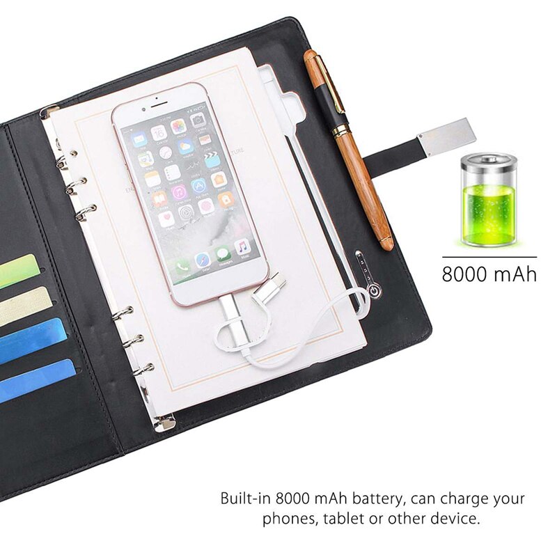 Qi Wireless Charging Note Book Power Bank Notebook MultiFunctional 8000MAh Power Bank Binder Spiral Diary Book+USB Flash Disk