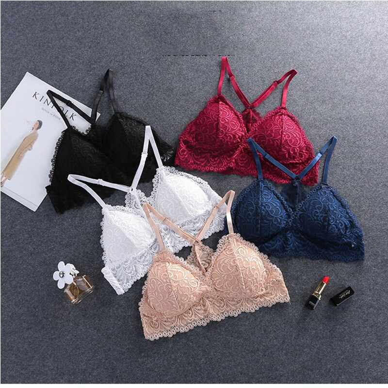 Women Wireless Bras for Women Plus Size Y-line Straps Backless Bras Lingerie Lace Sexy Bralette Push Up Breathable Bra: Blue