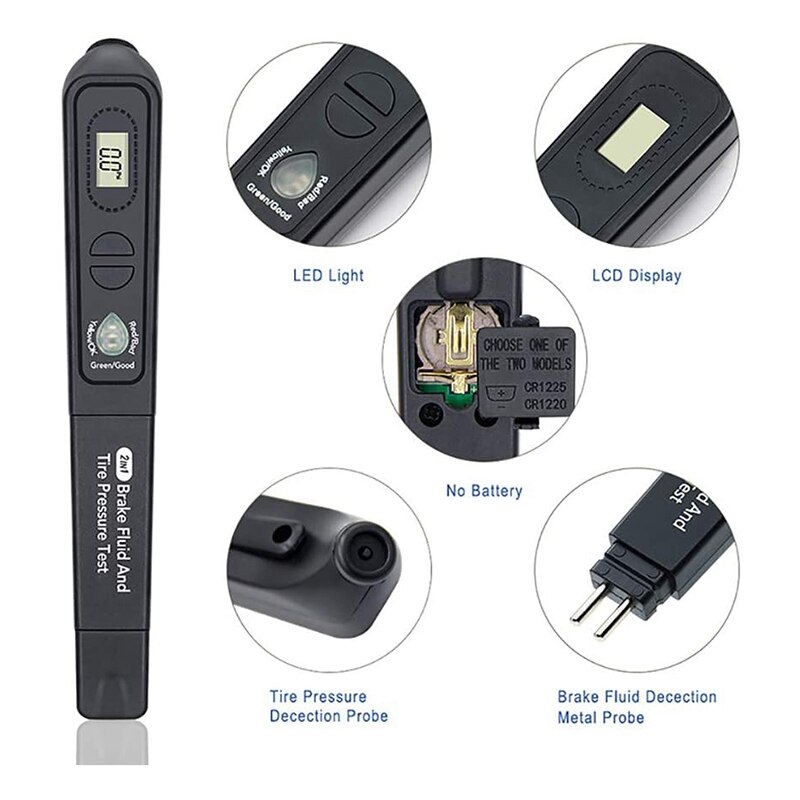 2 in 1 Portable Digital Brake Fluid Tire Pressure Tester, Auto Brakes Calibrated Tester with 3 Led Indicator