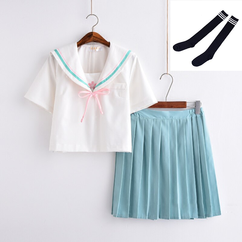 UPHYD Anime School Uniform Lolita Sailor Suits Japan Korea Teen Girls Chorus Uniforms White Shirt and Light Green Pleated Skirt: Short Set With Socks / L