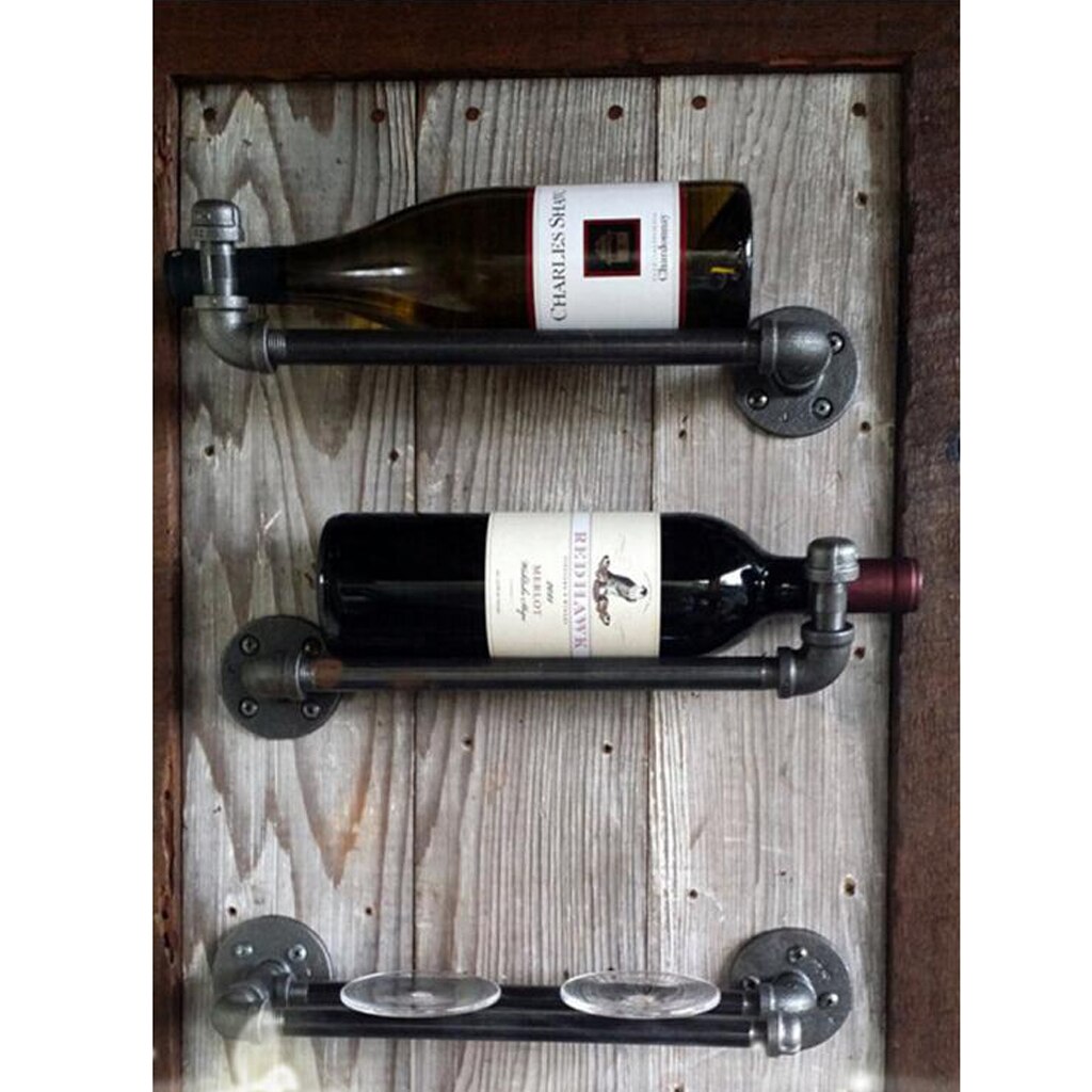 Retro Metal Pipe Bottle Glass Holder Champagne Wine Rack Under Cabinet Shelf Cellar Inside Screw in for Home Bar