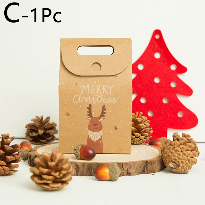 1Pcs Christmas cartoon kraft paper box retro kraft paper cartoon tote bag candy biscuit apple packaging tote bag: 03
