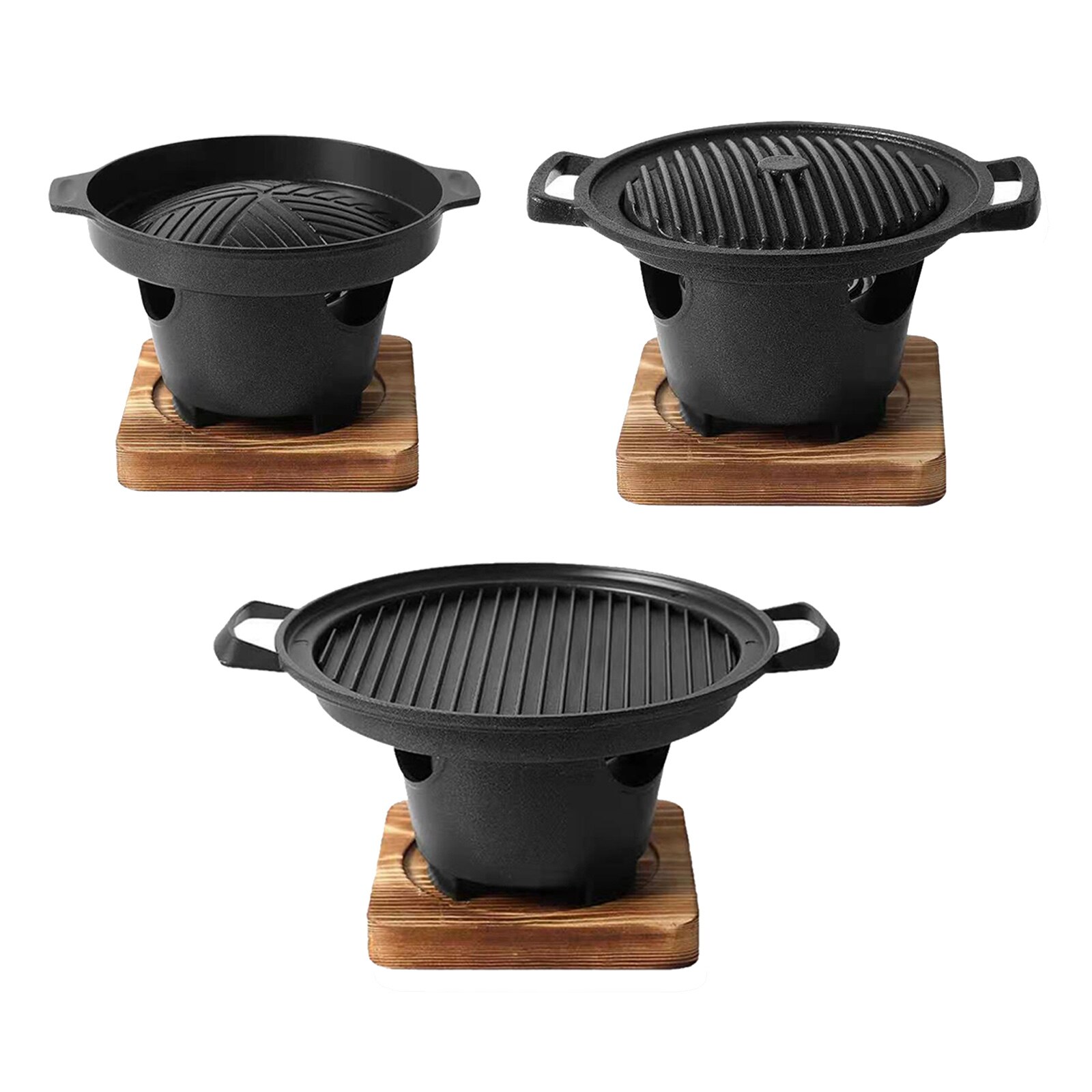 Yakiniku Mini BBQ Grill w/ Wood Base Tabletop Alcohol Stove Household Barbecue Grill Plate Hibachi Grill Pot