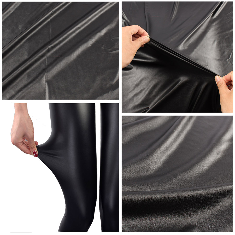 Hoge Elastische 4 way Stretch Zwart Kunstleer PU stof materiaal voor kleding shorts Knit spandex backing