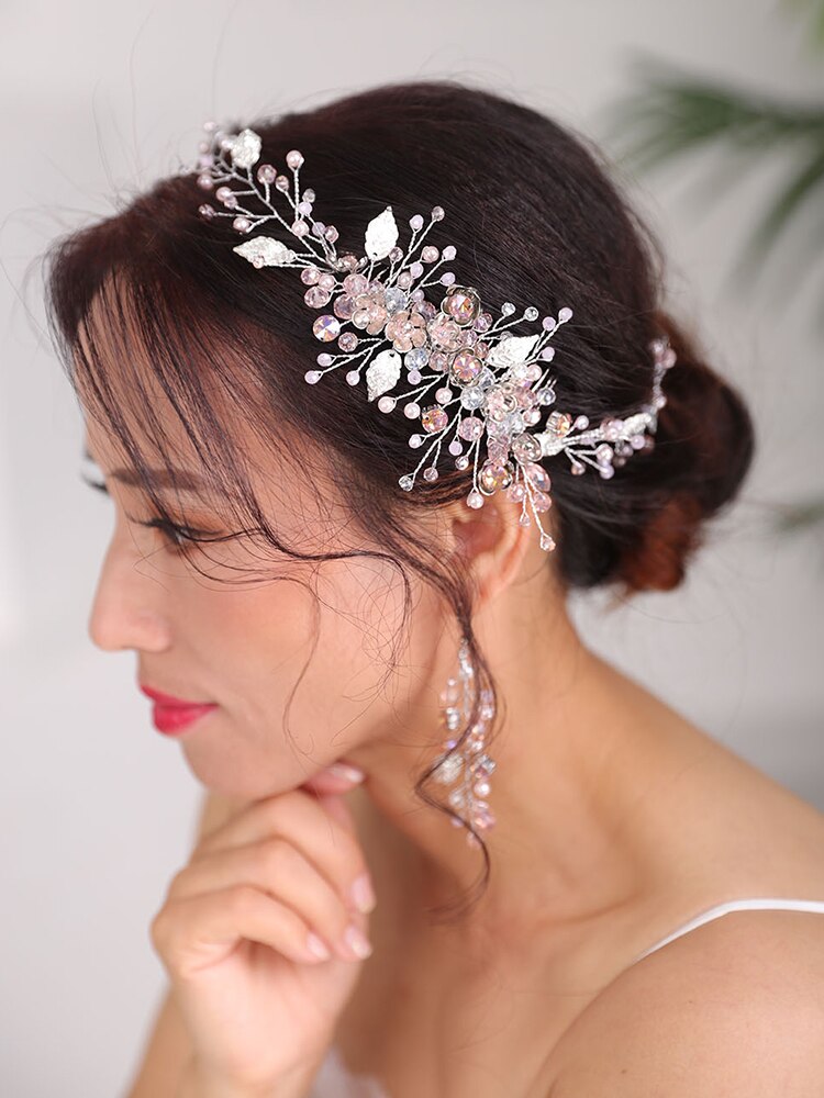 Diadème de mariée, boucles d'oreilles et bandeau en cristal Rose, serre-tête en or Rose et argent pour femmes, accessoires de mariage, décoration