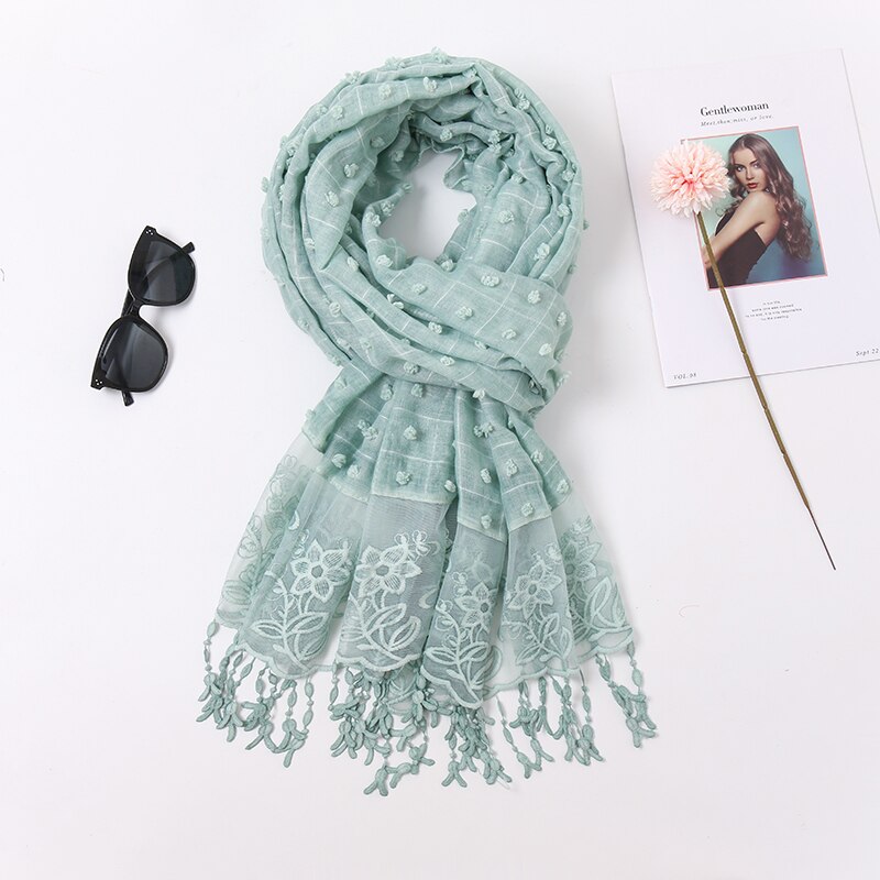 plaine Pom coton écharpe Plaid gland dentelle brodé coton foulards femmes musulman Hijab étoles femme bandeau à fleurs 1PC: 11
