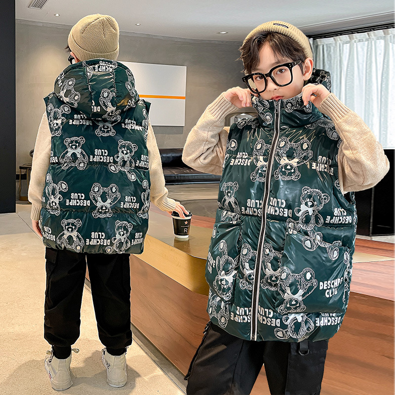 Inverno quente sem mangas jaqueta de algodão jaqueta infantil grosso com capuz para baixo colete de algodão menino adolescente azul dos desenhos animados impressão zip colete 4-13 y