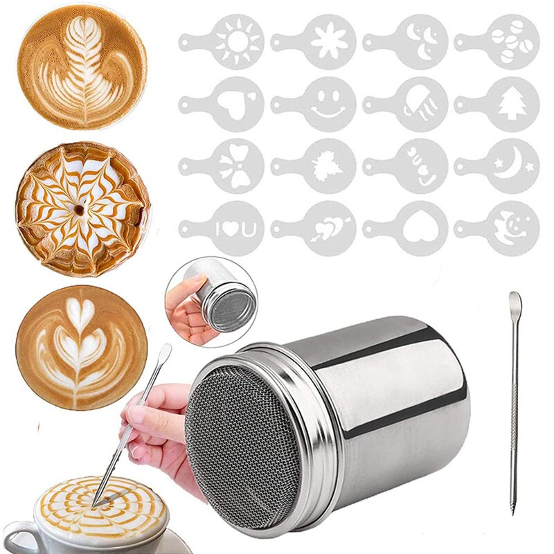 Roestvrijstalen Shaker Met Deksel Chocolade Hagelslag Voor Cappuccino Suiker Cacao Met 16 Koffie Stencil Koffie Pull Pin