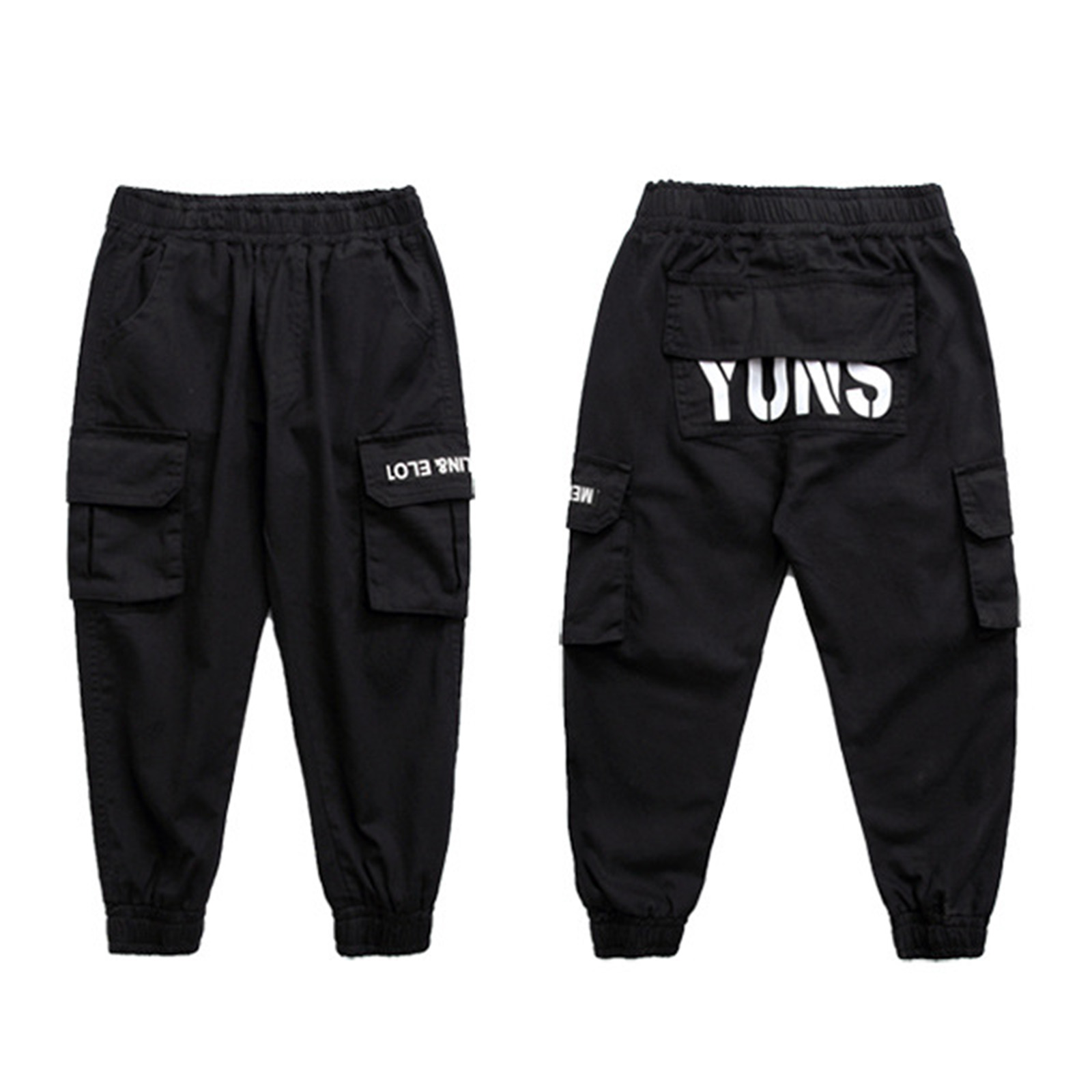 Kids Boys Cargo Pants Elastic Waistband Big Flap Pockets Trousers with Letter Print Loose Cargo Joggers for Daily Wear: Black / 140