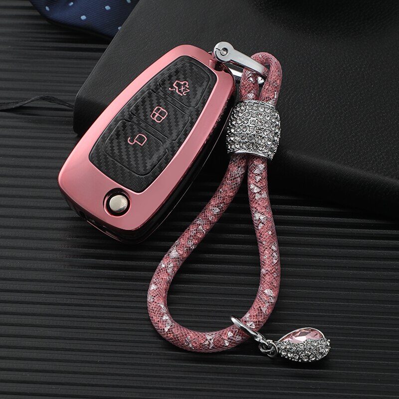 TPU Carbon Fiber Car Key Case Cover Fob For Ford Focus 2 3 MK3 Ranger C-Max S-Max Mondeo Fuga Galaxy Transit Tourneo Custom: R-Gold and Keychain