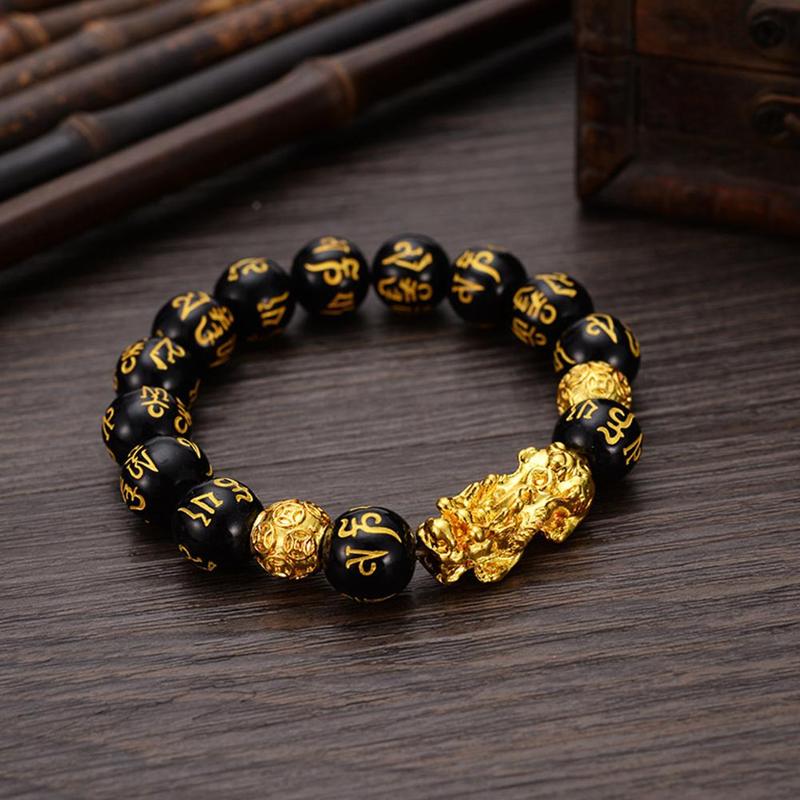 6 Words Chinese Lucky Enegry God Beast Pixiu Bracelet Jewelry Gold Color Brave Troops Stone Beads Bangles Bracelet