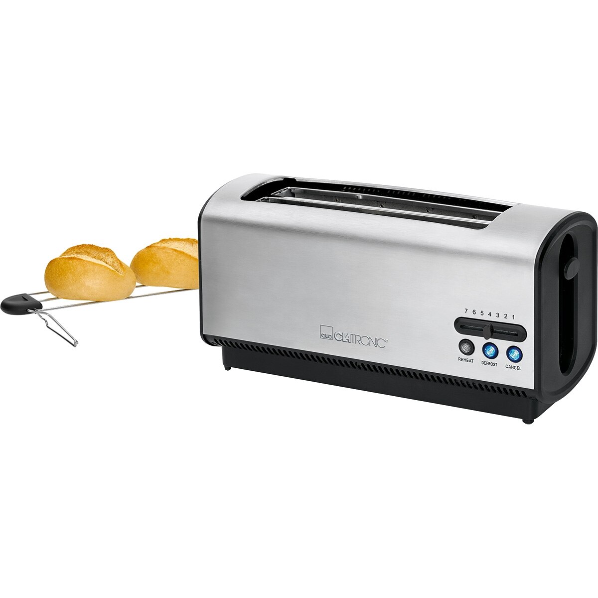 Clatronic TA 3687 Toaster Brot, 4 Scheiben weit Slot, getoastet eben Regler, 3 Funktionen, wärmt Rollen 1200W Silber-