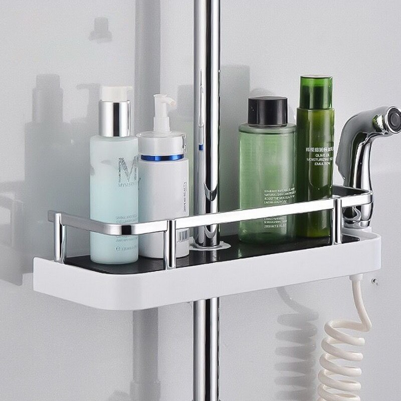 Adjustable Bathroom Pole Caddy Shower Shelf Organizer Shower Storage Rack Table Home Shower Head Soap Shampoo Bathroom Storage: Black and White