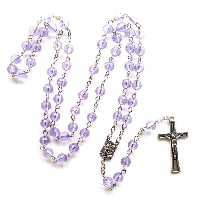 Retro rosenkrans pärlor halsband för kvinnor kors jesus hänge religiösa kristna smycken berlock: Lila 2