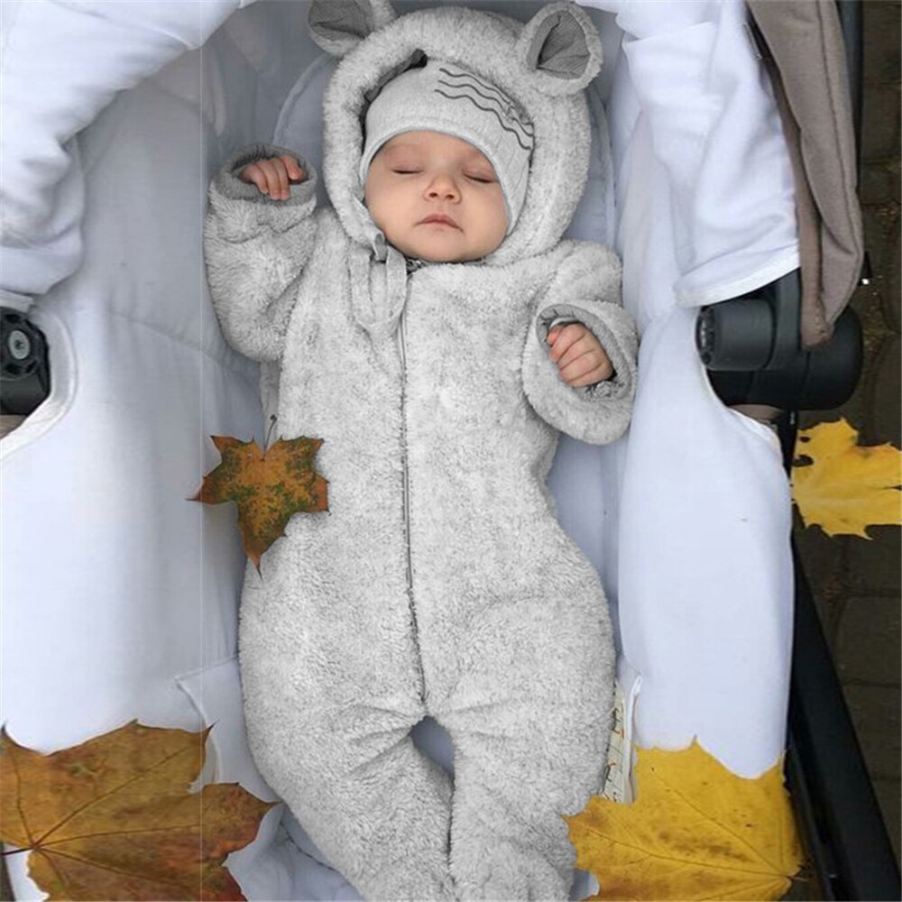 Winter Herfst Kleding Outfit Oren Leuke Pasgeboren Peuter Baby Jongens Meisjes Romper Lente Herfst Warm Hooded Beer Tops Jumpsuit: gray / 60