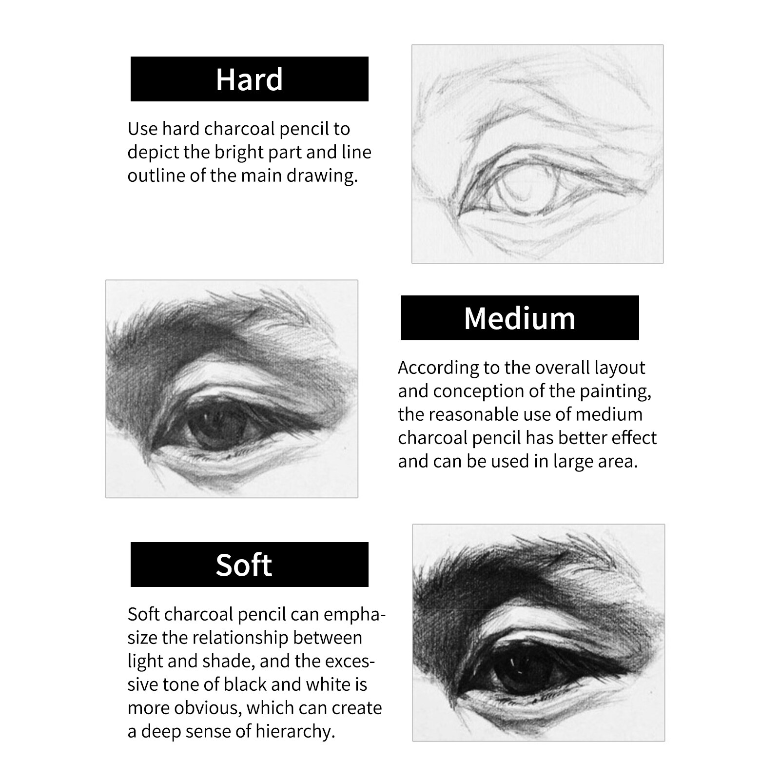 tenwin 12pcs Charcoal Pencils Set Sketching Pencils Soft Charcoal Pencils for Drawing Sketching Shading for Artists