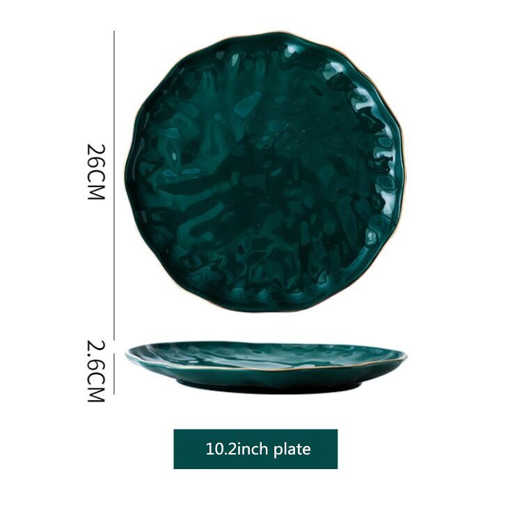 Gold Side Green Plate Tableware Bright Light Steak Dish Dessert Tray Rice Salad Noodles Bowl Dinner Plates Ceramic Dishes 1 PC: 10.2 inch plate