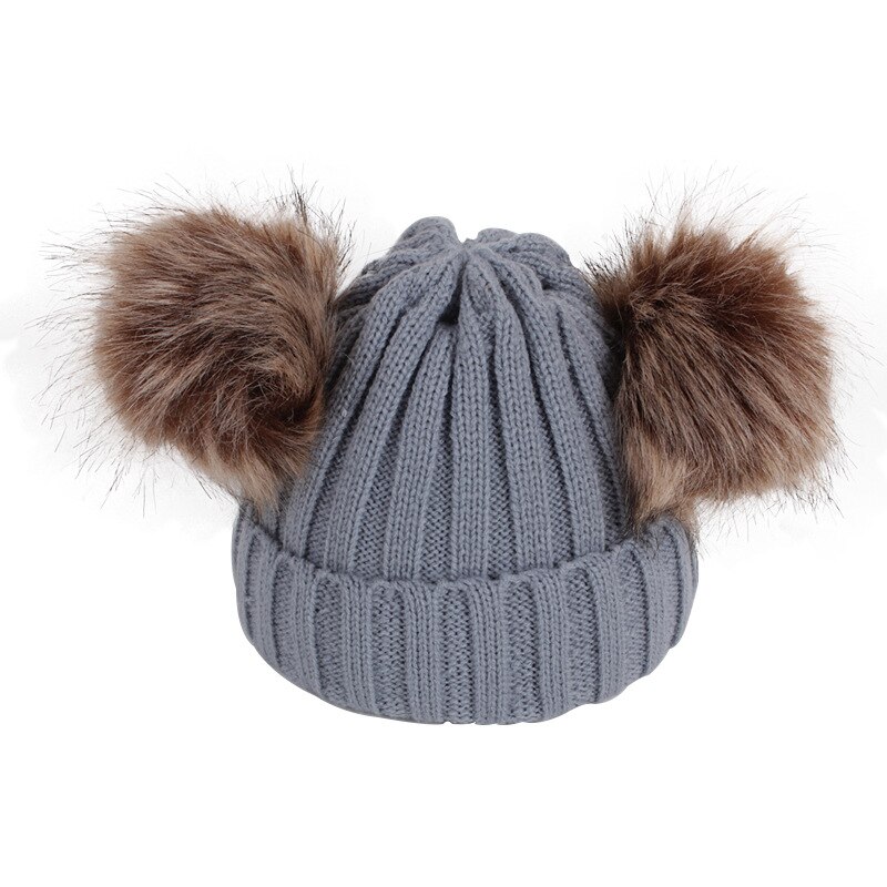 Winter Hüte Ohren Mädchen Jungen Deckel + Schal 2Stck freundlicher einstellen Baby warm Halten freundlicher betroffen Wolle Pelz Doppel Hütte Gestrickte Nette Kappe Schal einstellen: grau Hut