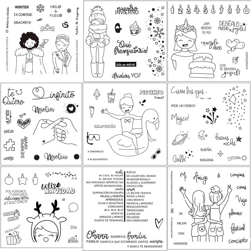 9 timbres de dessin animé espagnol pour filles | Bon ami/timbre de bain Transparent pour bricolage, scrapbooking/artisanat de découpe d'album photo, pochoirs