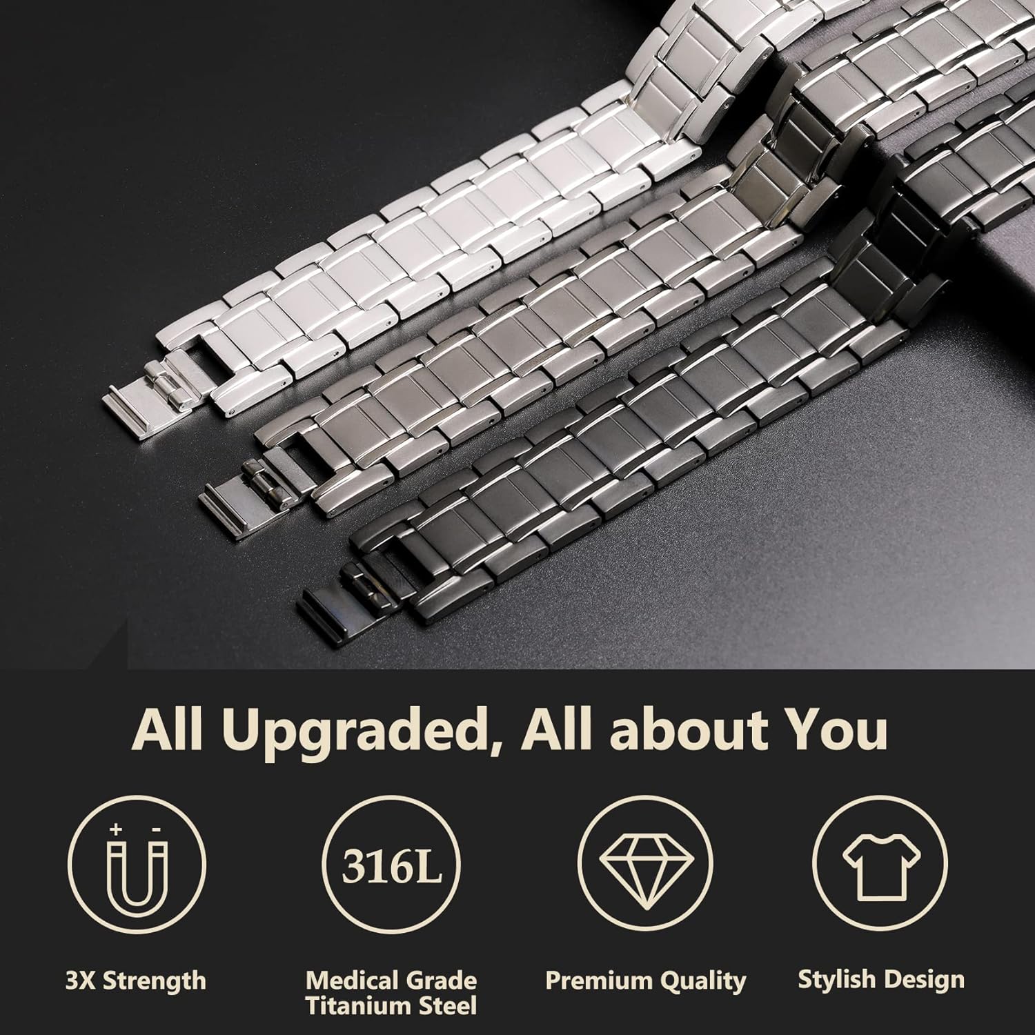 ARADOO Pulseras de acero de titanio con 3 imanes de neodimio Ultra resistentes, pulsera de eslabones de terapia magnética de salud ajustable