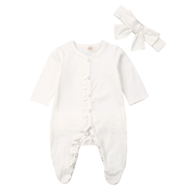 Emmababy 2PCS Pasgeboren Kids Baby Baby Jongen Meisje Lange Mouwen Katoen Button Romper Jumpsuit Hoofdband Kleding Outfit Herfst: WHITE / Pasgeboren