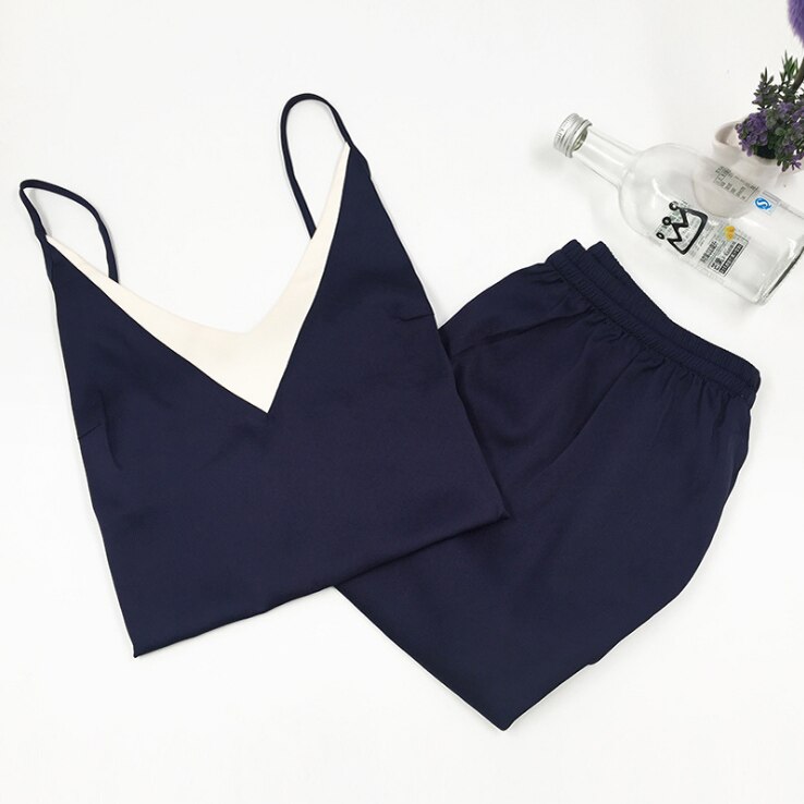 CAVME Satijn Zijden Pyjama Sets voor Vrouwen Spaghetti Band Shorts Zomer Sexy Nachtkleding 2 Stuks Homeclothes: CAVME Navy / XL