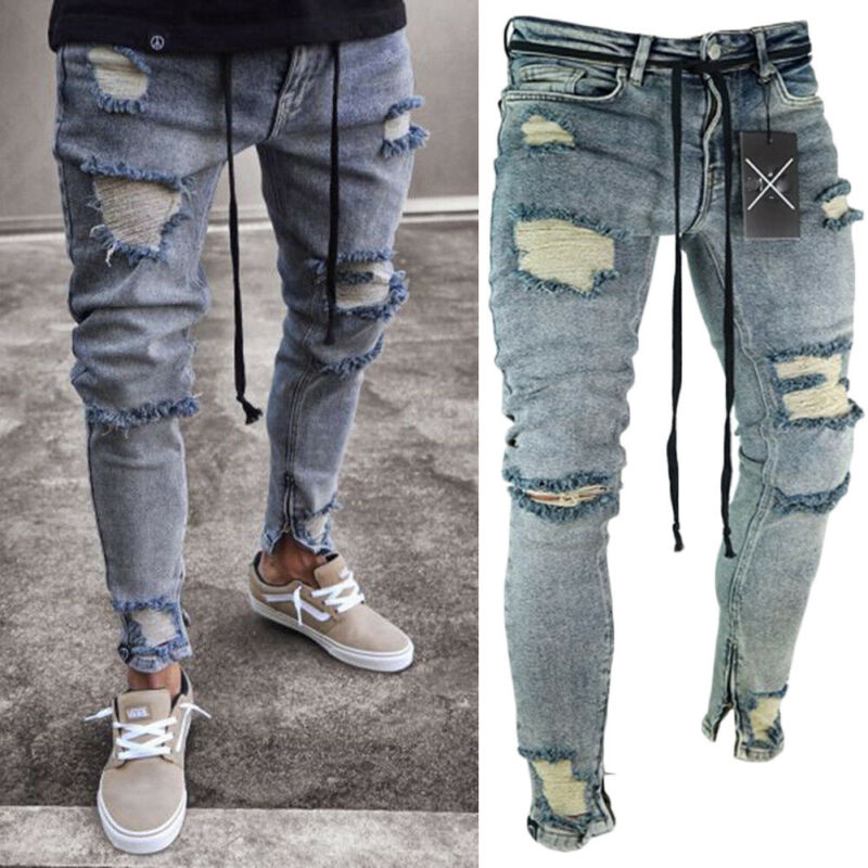 Menn jeans bukser Mann revet syklist jeans frynsete bukser uformelt slank passe jogger dongeribukser