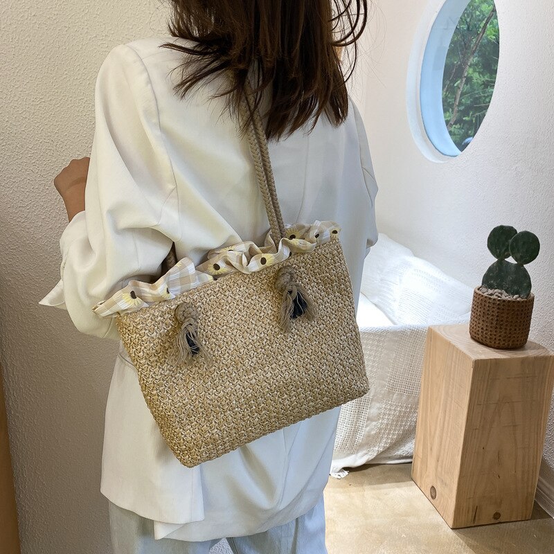 Shoulder bag summer straw woven bag female Korean leisure wild woven bag large capacity vacation messenger bag: Khaki